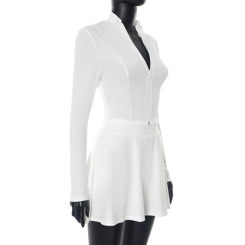 Women's Stand Collar Long Sleeve Slim-Fit Zip-Up Cropped Top & Short Skirt Two-Piece Set 6