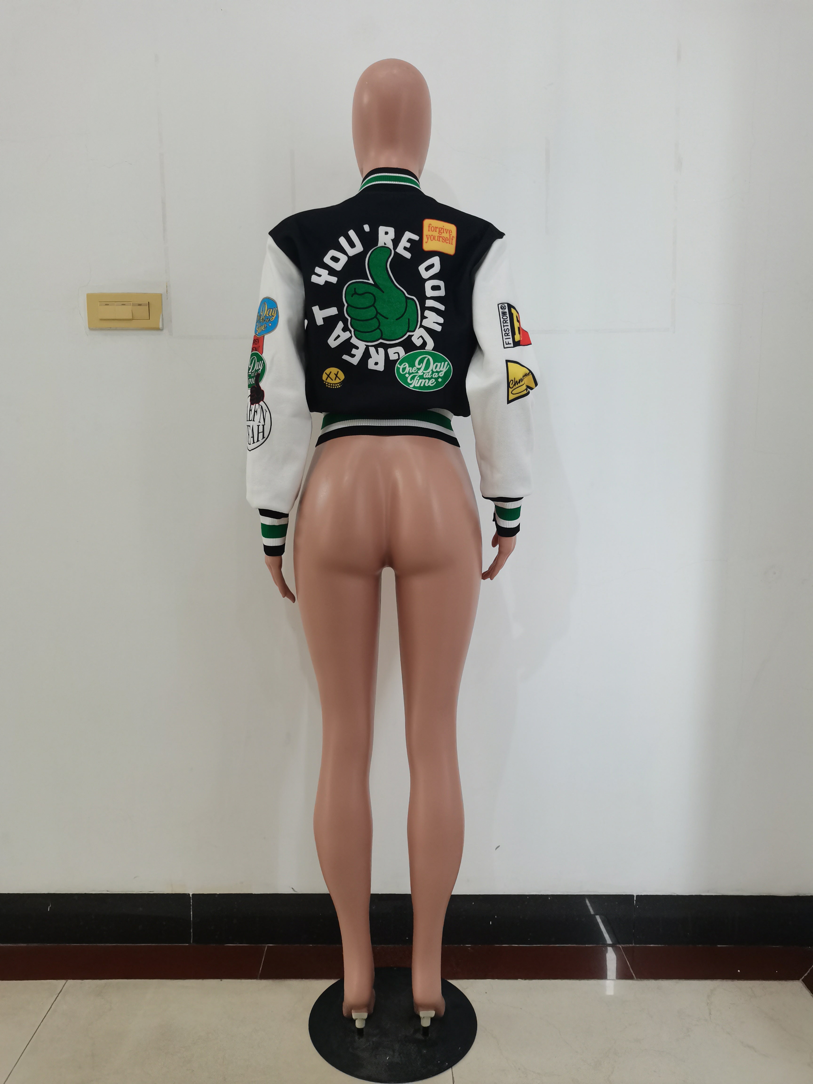 Positioning Print Ribbed Fashion Women's Top Baseball Jacket 19