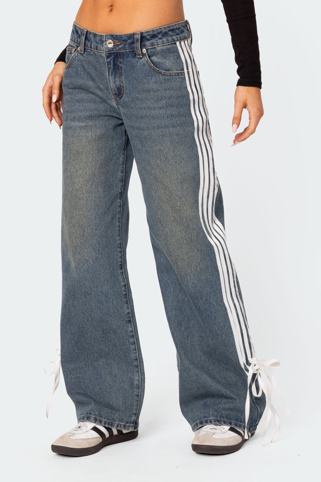 Women Loose Stripe Denim Wide-leg Pants 4