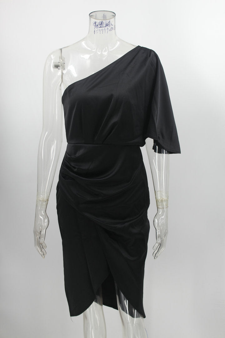 WomenSexy Single Sleeve Irregular Satin Evening Dress 17