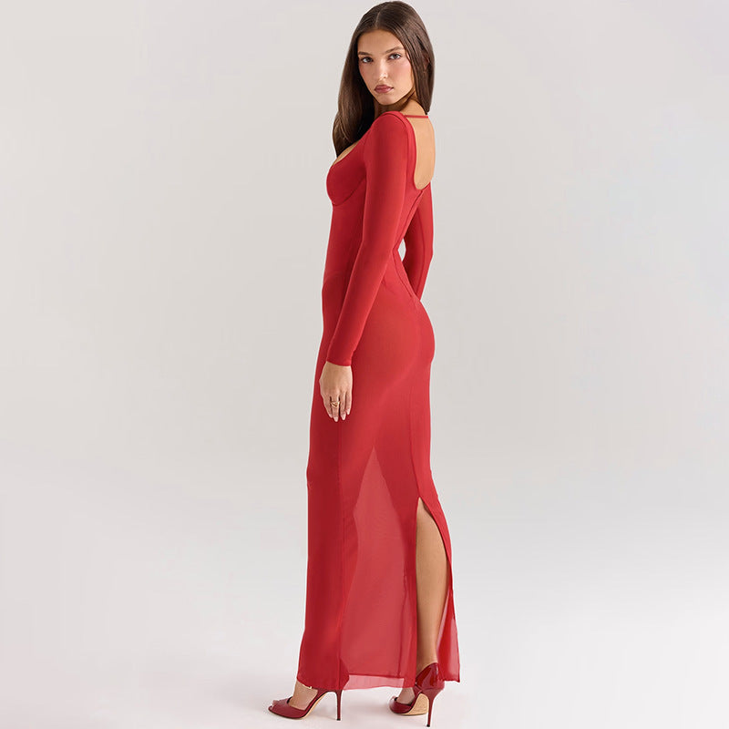Women Fall Sexy Plunging Mesh Long-Sleeved Maxi Dress 5