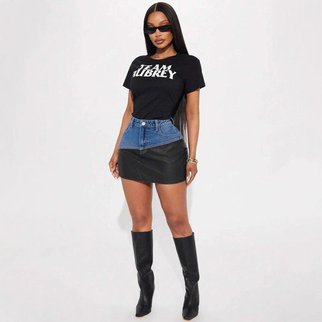 Women's Leather Patchwork Denim Short Skirt 4