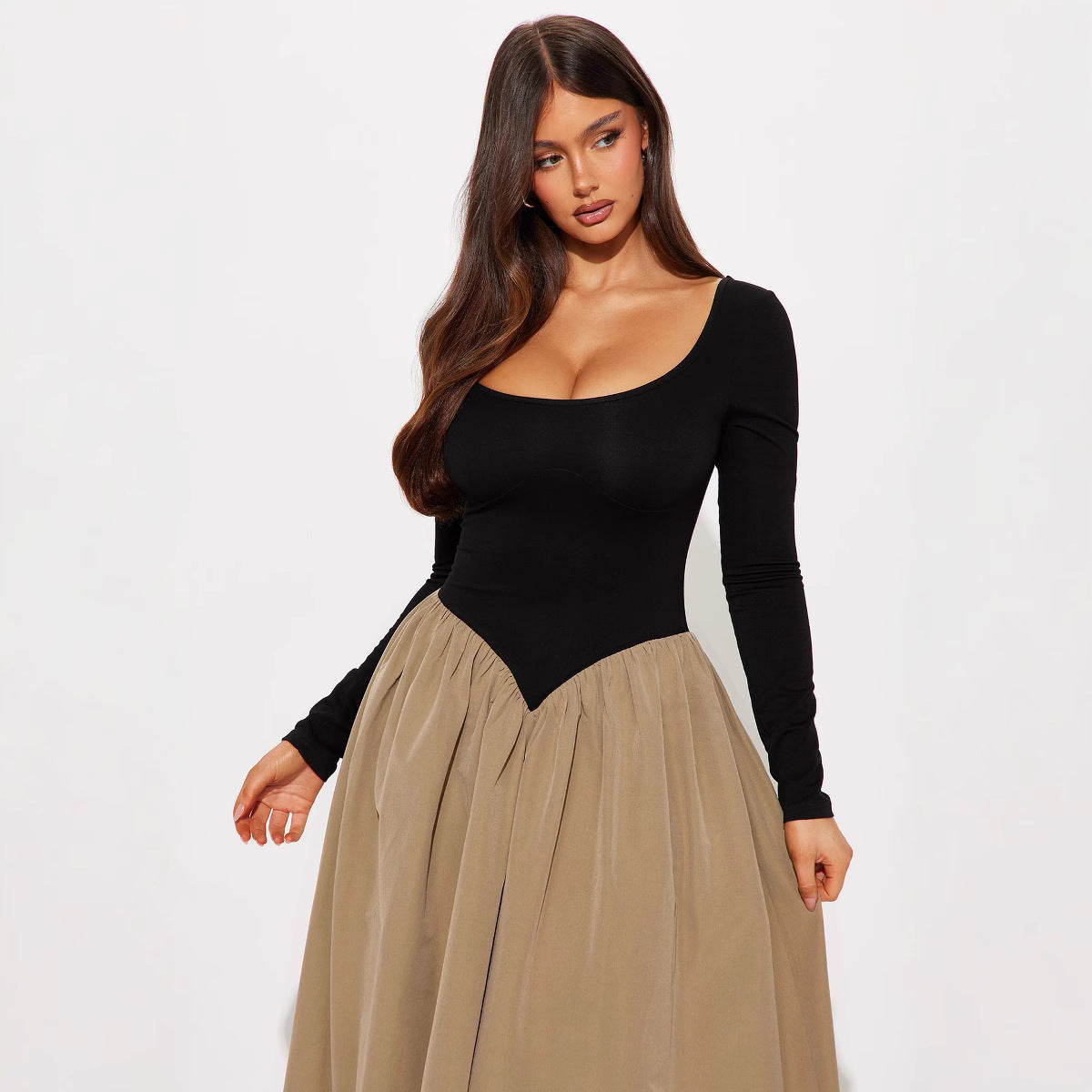 Women Long Dress Elegant Round Neck Backless Patchwork Dress