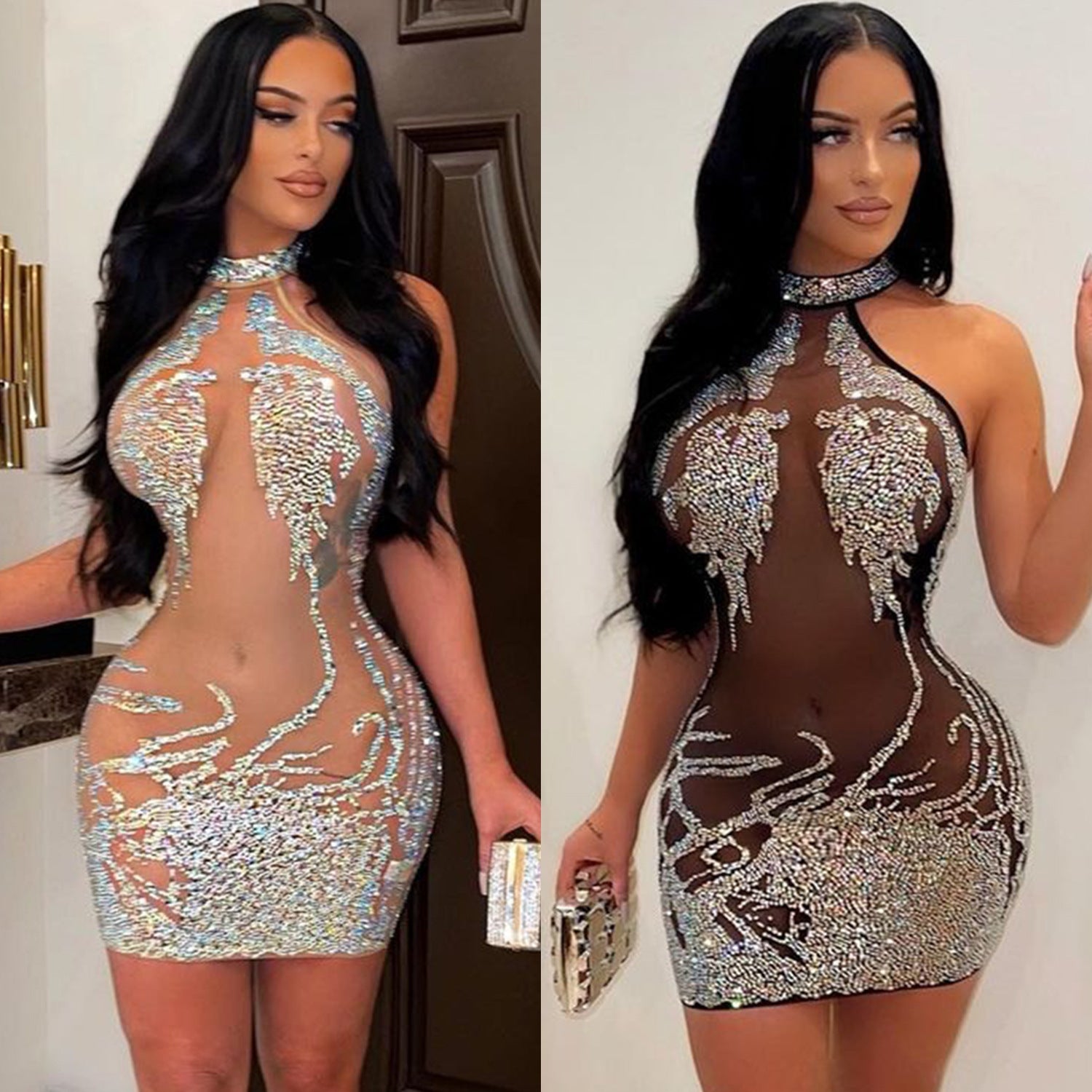 Summer Women's Sexy Tight Fitting Mesh Beaded See-Through Nightclub Ladies Dress