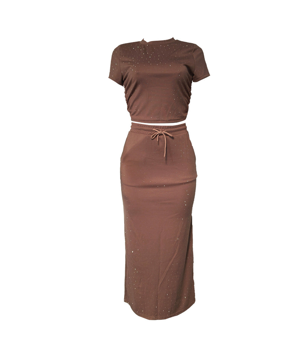 Women's Casual and Fashionable Summer Short Sleeve Two Piece Long Skirt Sets 15