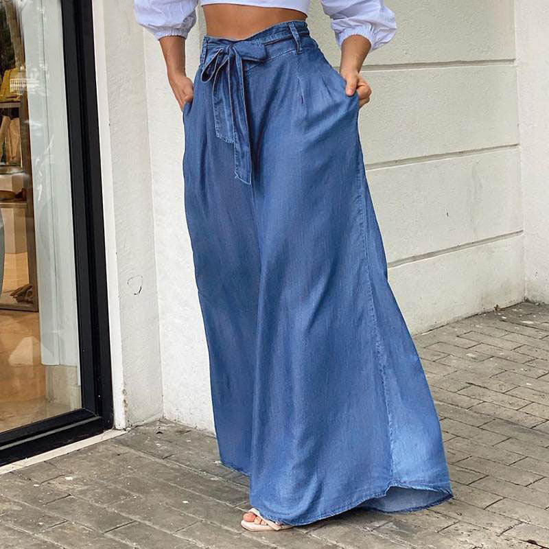 Plus Size Women Casual Denim Strappy High Waisted Wide Leg Pants 5