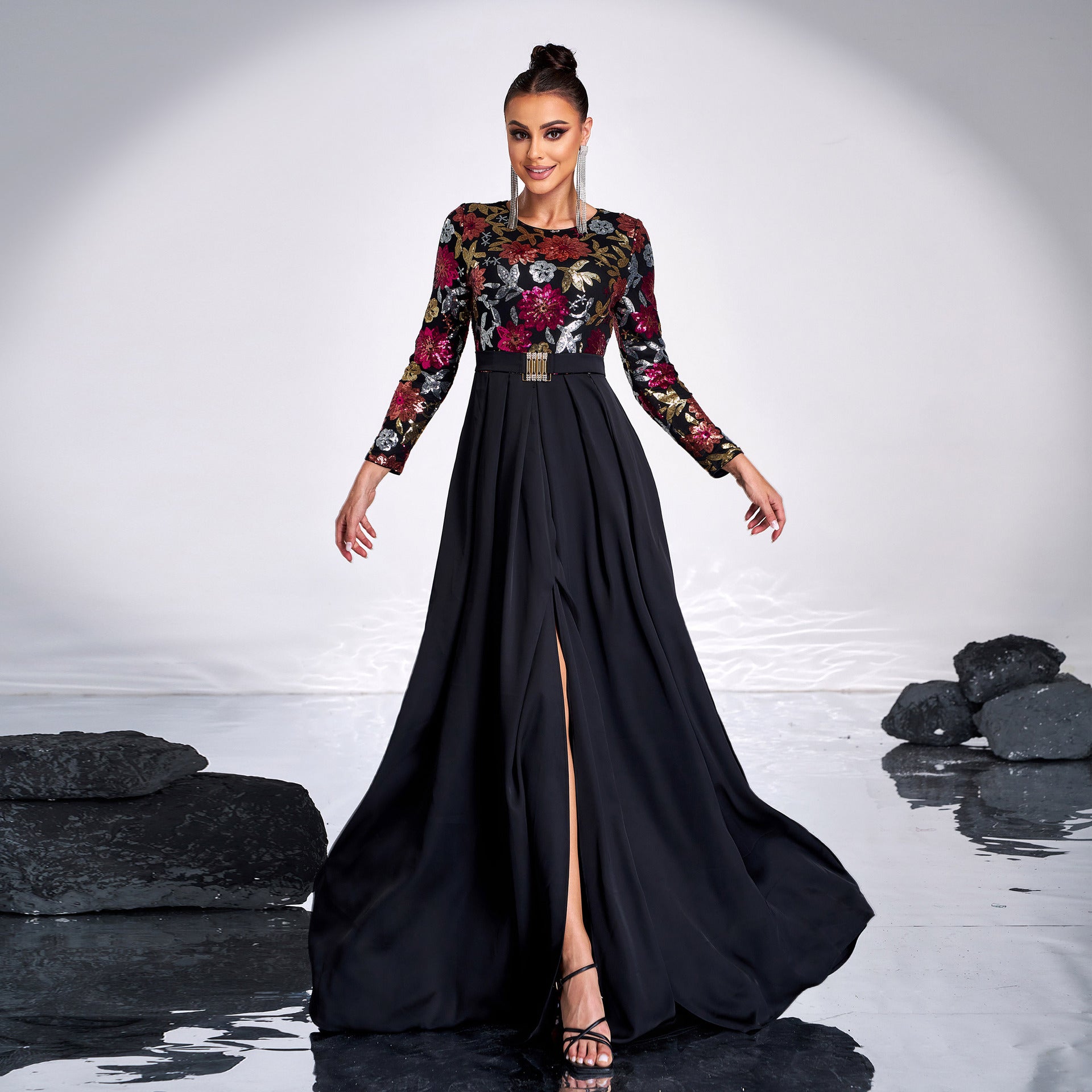 Long Sleeve Round Neck Long Sequin Formal Party Evening Dress Bridesmaid Dress