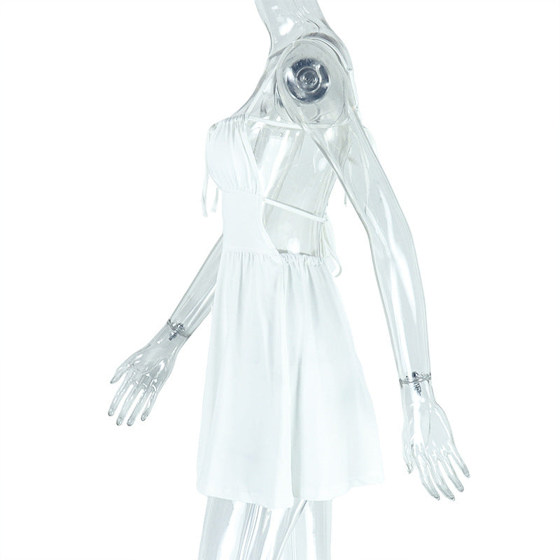 Women Pleated Solid Color Low-Back Lace-Up A-Line Short Dress 8