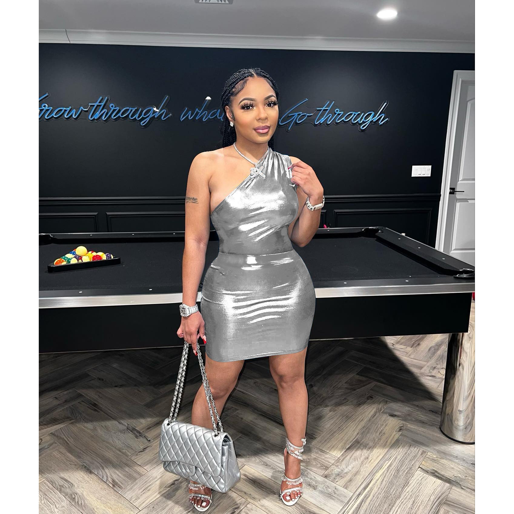 Women's Clothing Shiny One Shoulder Sexy Sleeveless Bodysuit + Skirt Set