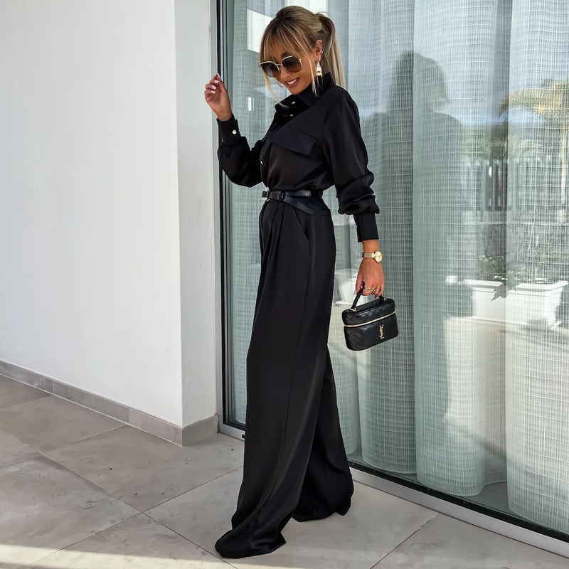 Women Long Sleeve Fake Pocket Shirt Chic Loose Pants Two Piece Set 6