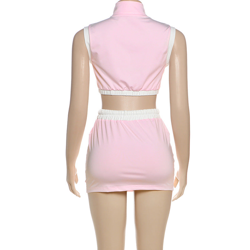 Women Spring Summer Sexy Crop Zipper Top and Bodycon Skirt Two-piece Set 8