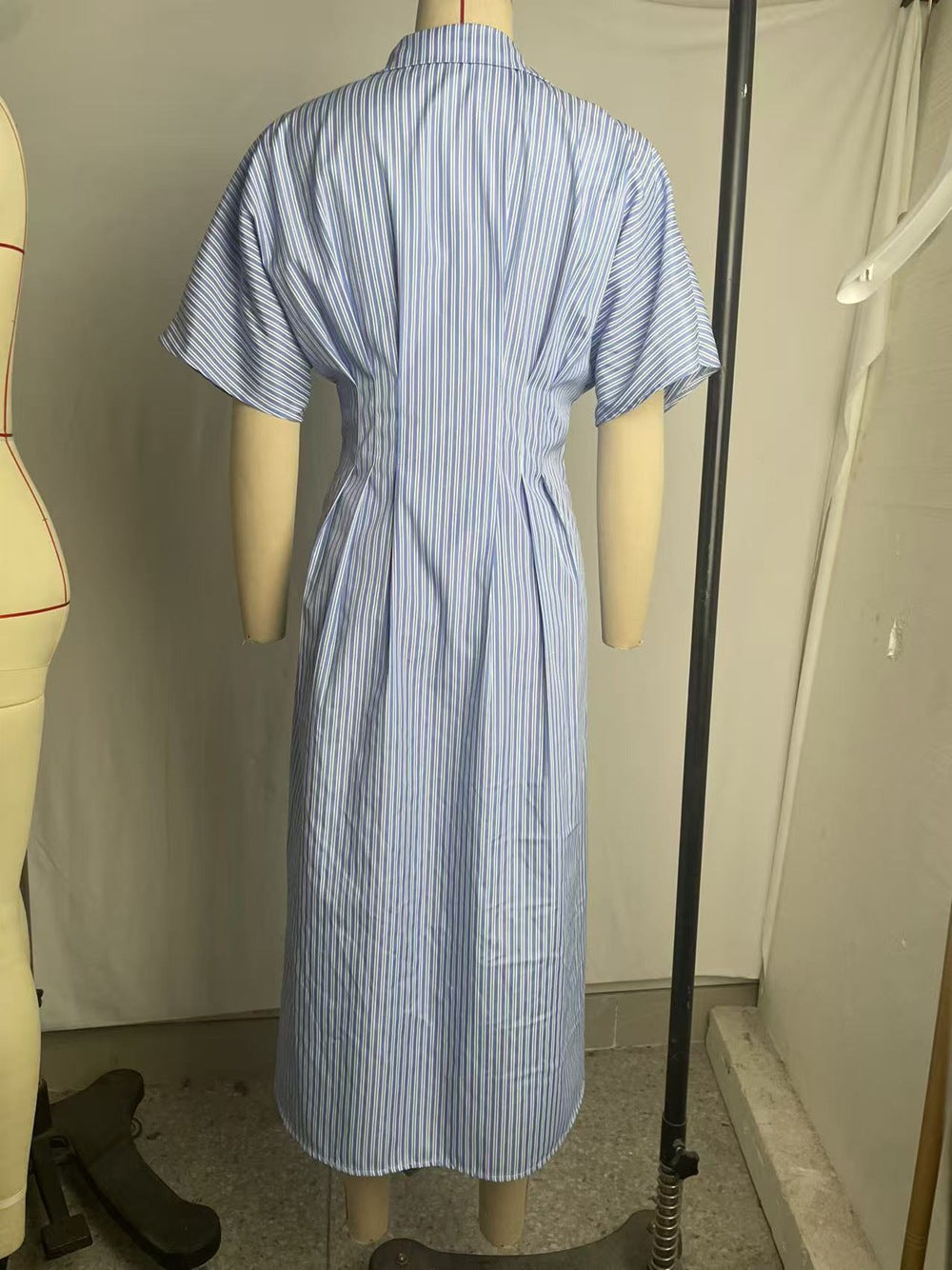Women Striped Blue Short-Sleeved Shirt Dress 9