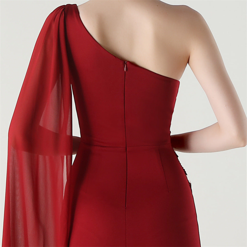 Women Tulle Shawl Beaded Tube Embroidery One Shoulder Evening Dress 50