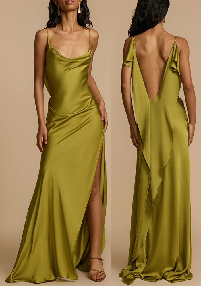 Spring/Summer Strap Backless Slit Dress Casual Loose Satin Holiday Dress