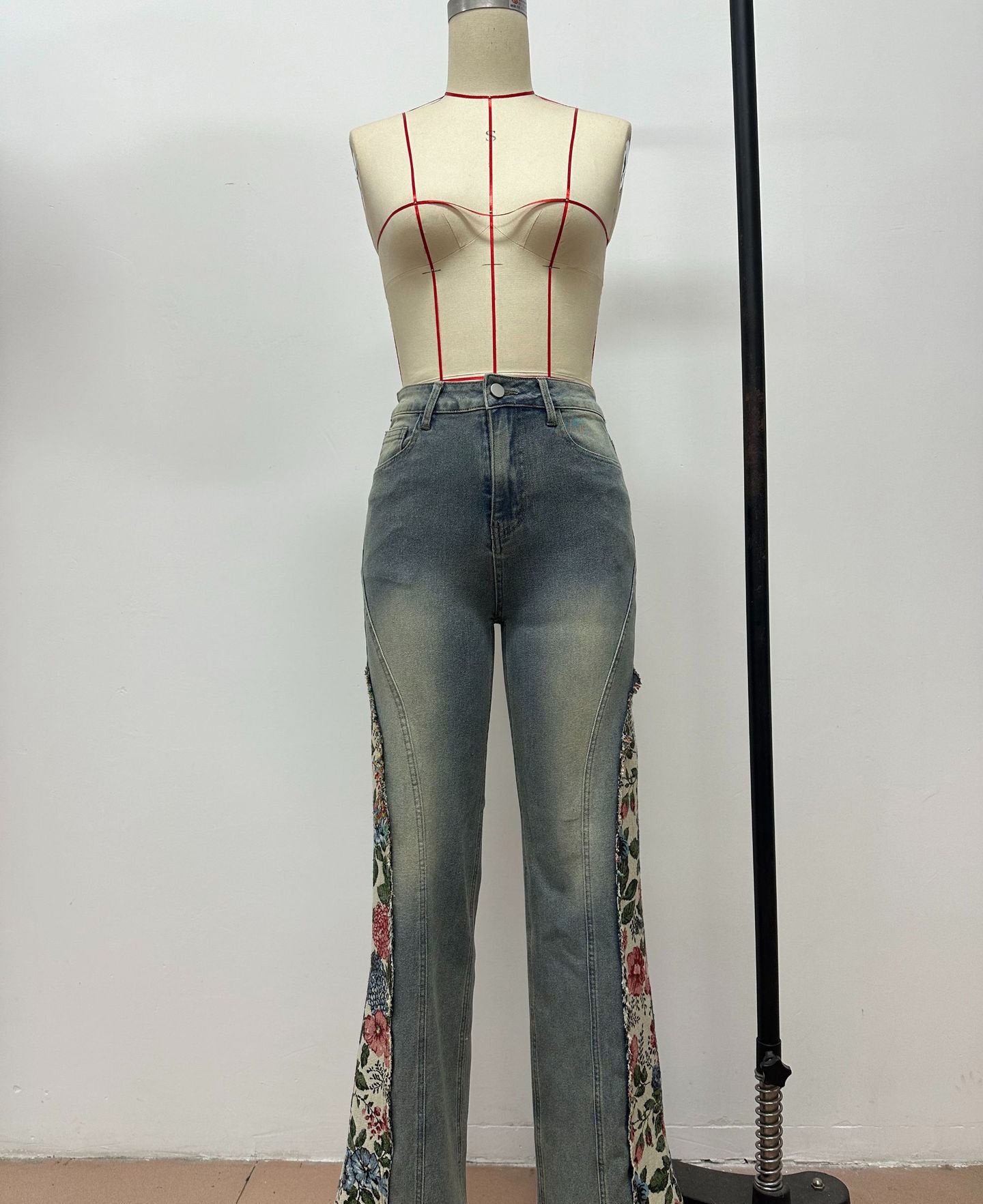 Patchwork Floral Denim Bell Bottom Pants 5