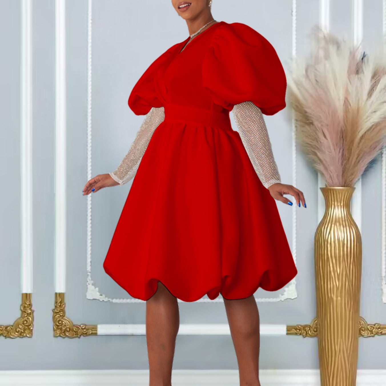 Women's V-Neck Puff Sleeves Formal Party Bridesmaid Dress 10