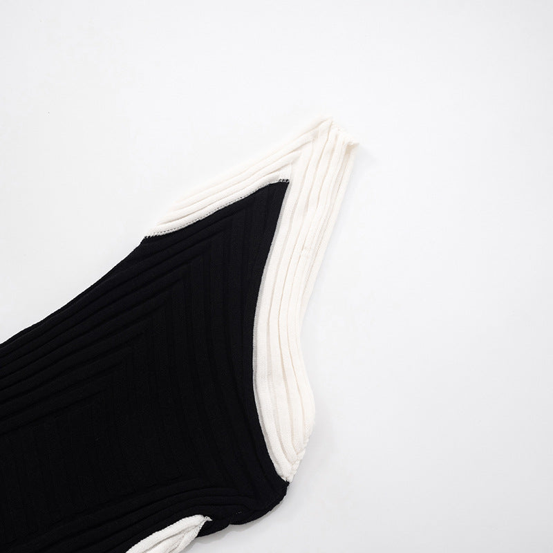 Women sexy contrast color Slash Shoulder Backless slit irregular dress 10