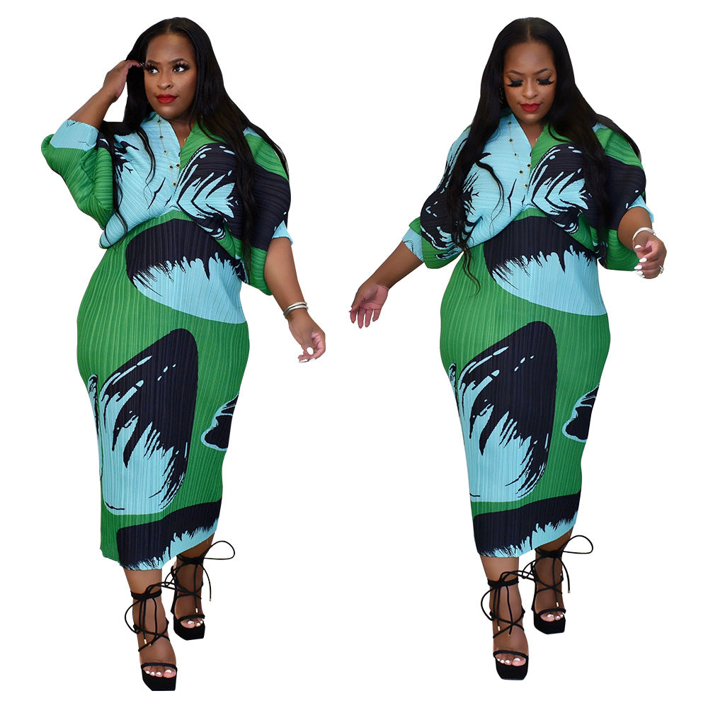 Women'S Fall V-Neck Bat Sleeves Print Dress 13