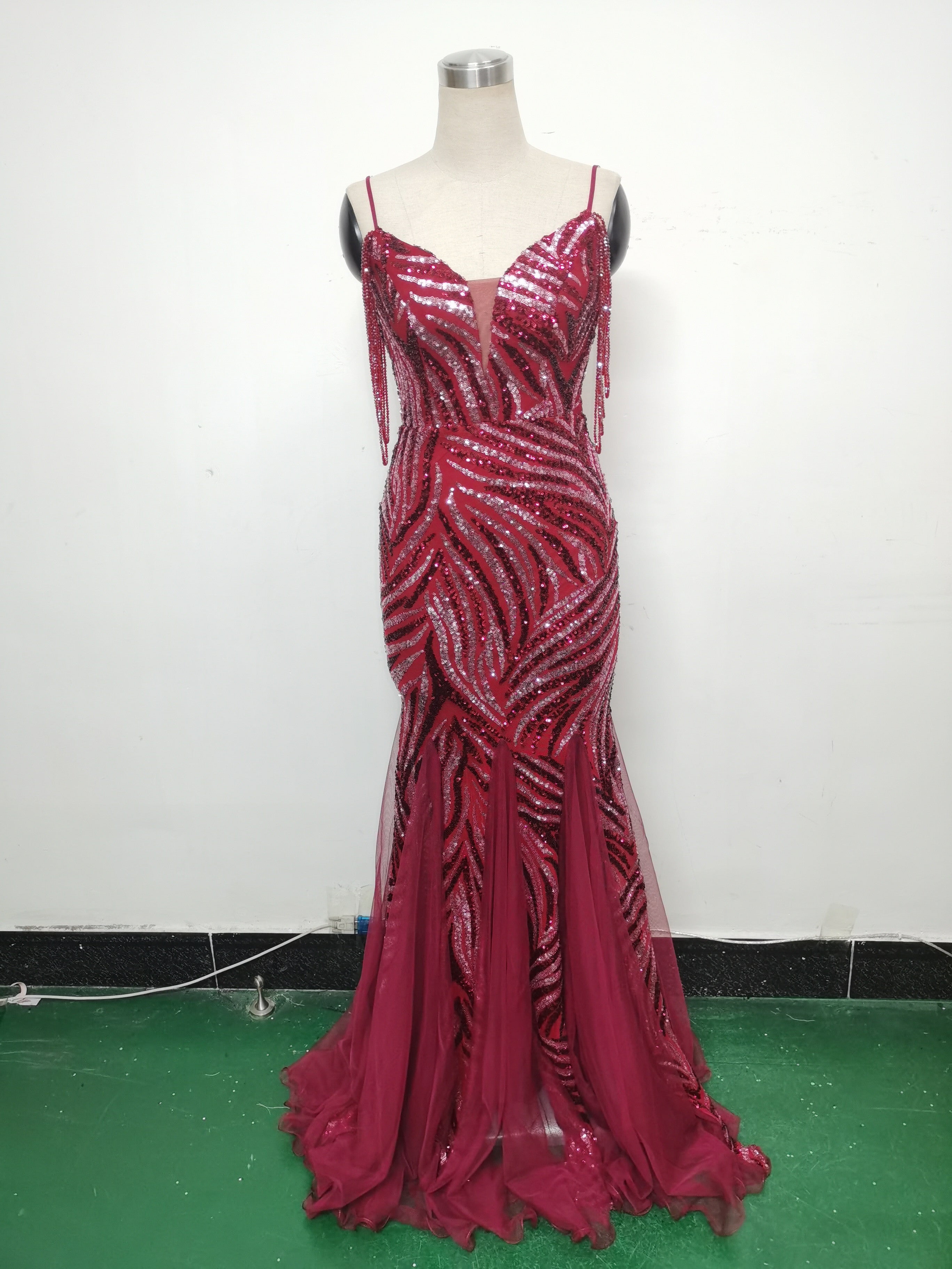 Sequin Patchwork Mesh strap luxury evening dress 34