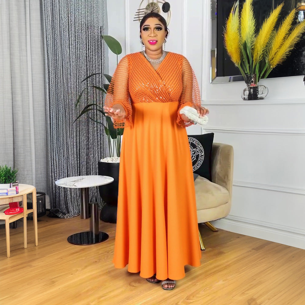 Muslim Dubai Women's African Sleeve Loose Casual Beaded Robe Dress 5