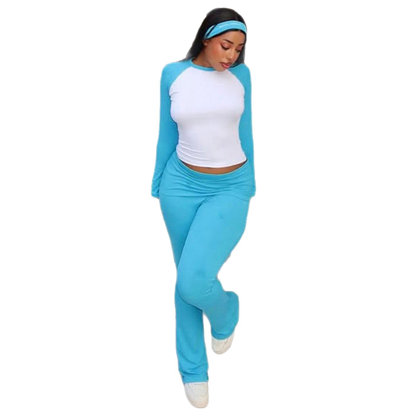American Casual Sport Color Block Long Sleeve T-Shirt & Fold-Waist Pants Gym Three-Piece Set 3