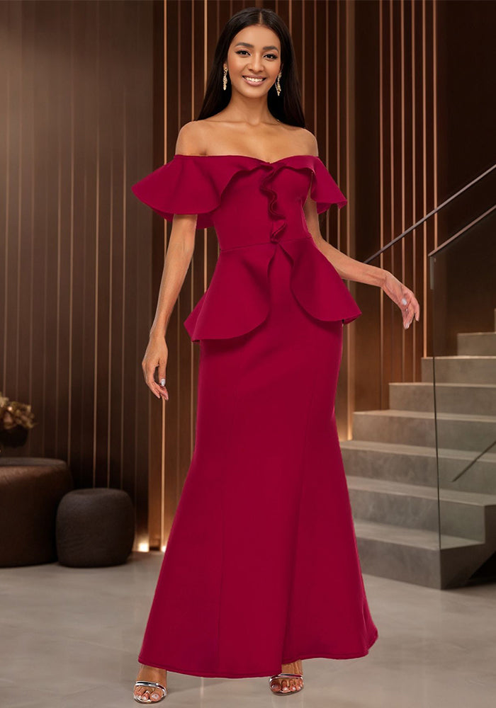 Sexy Ruffle Off-Shoulder Long Dress Chic Elegant Bodycon Formal Party Mermaid Gown