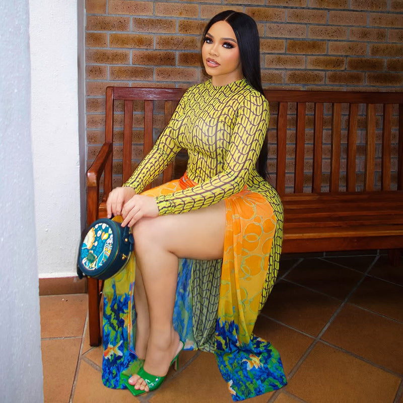 Fashion Patchwork Women's Printed Ruched Round Neck Long Sleeve Slit Dress 5