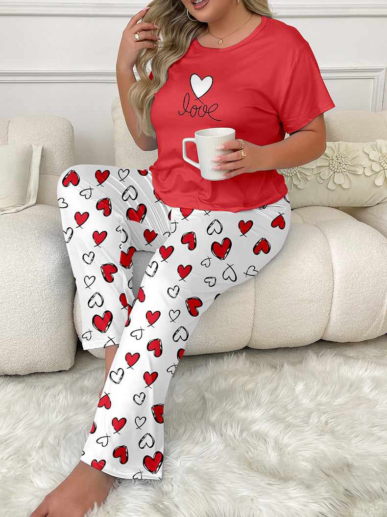 Plus Size Women Spring Summer Printed Short Sleeve T-shirt and Pants Pajama Set 6