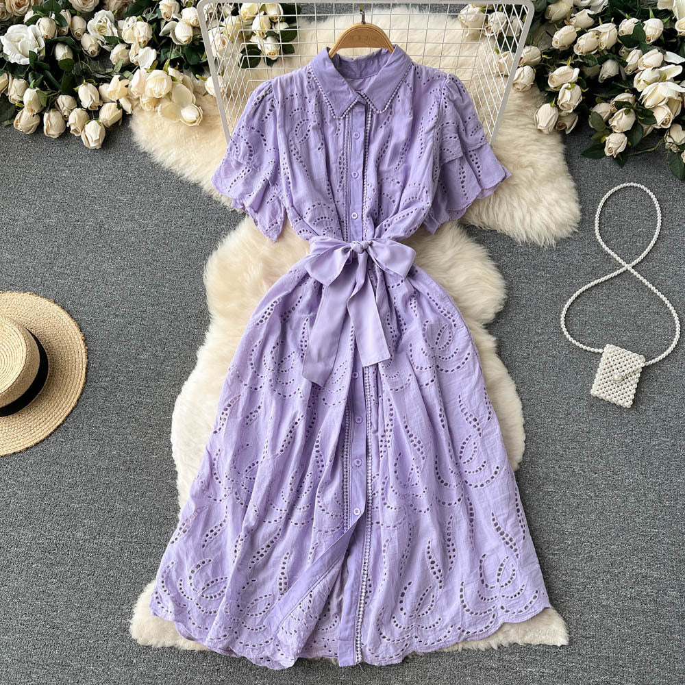 Women Turndown Collar Puff Sleeve Lace Hollow French Maxi Shirt Dress 8