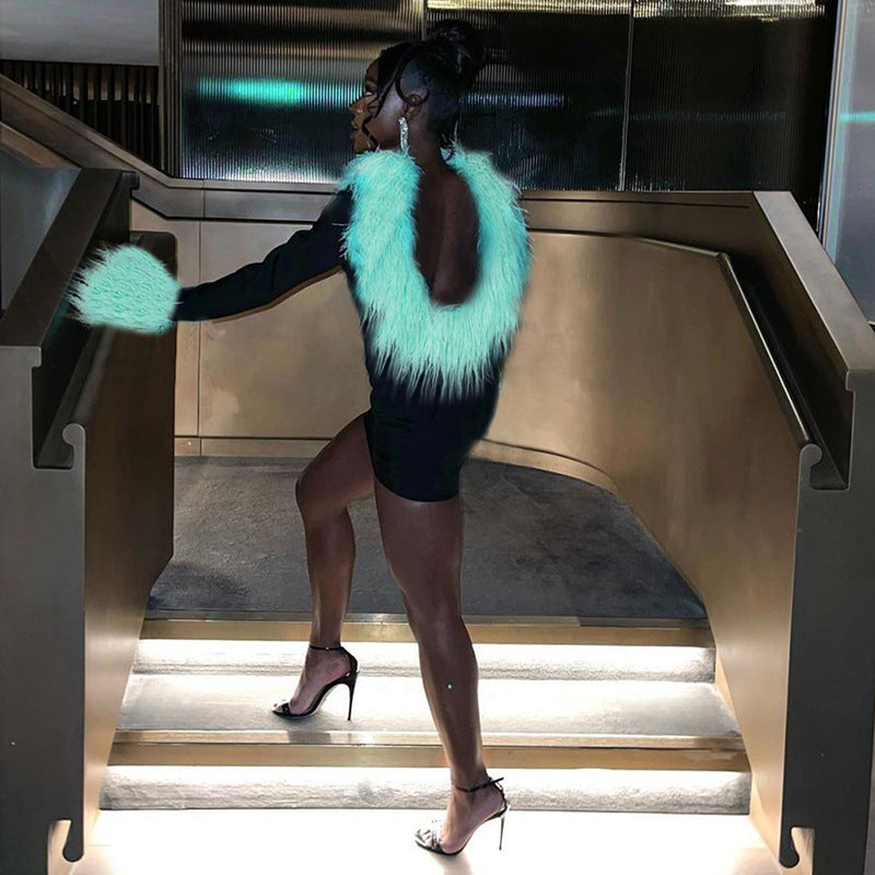 Women's Autumn Fur Collar Patchwork Solid Color Casual Low Back Long Sleeve Slim Dress 3