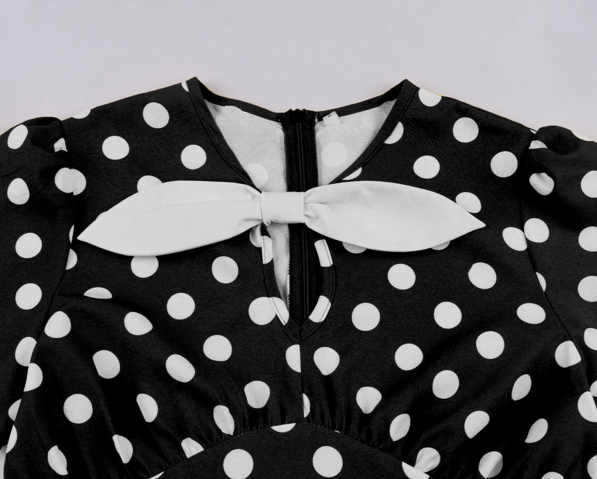 Women Round Neck Bow Tie Polka Dot Short Sleeve Dress 18