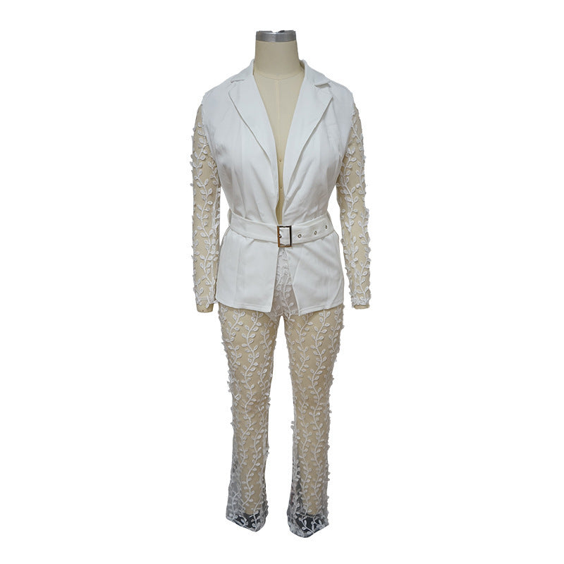 Women mesh lace Floral long-sleeved Top and Bell Bottom long pants two-piece set with belt 13