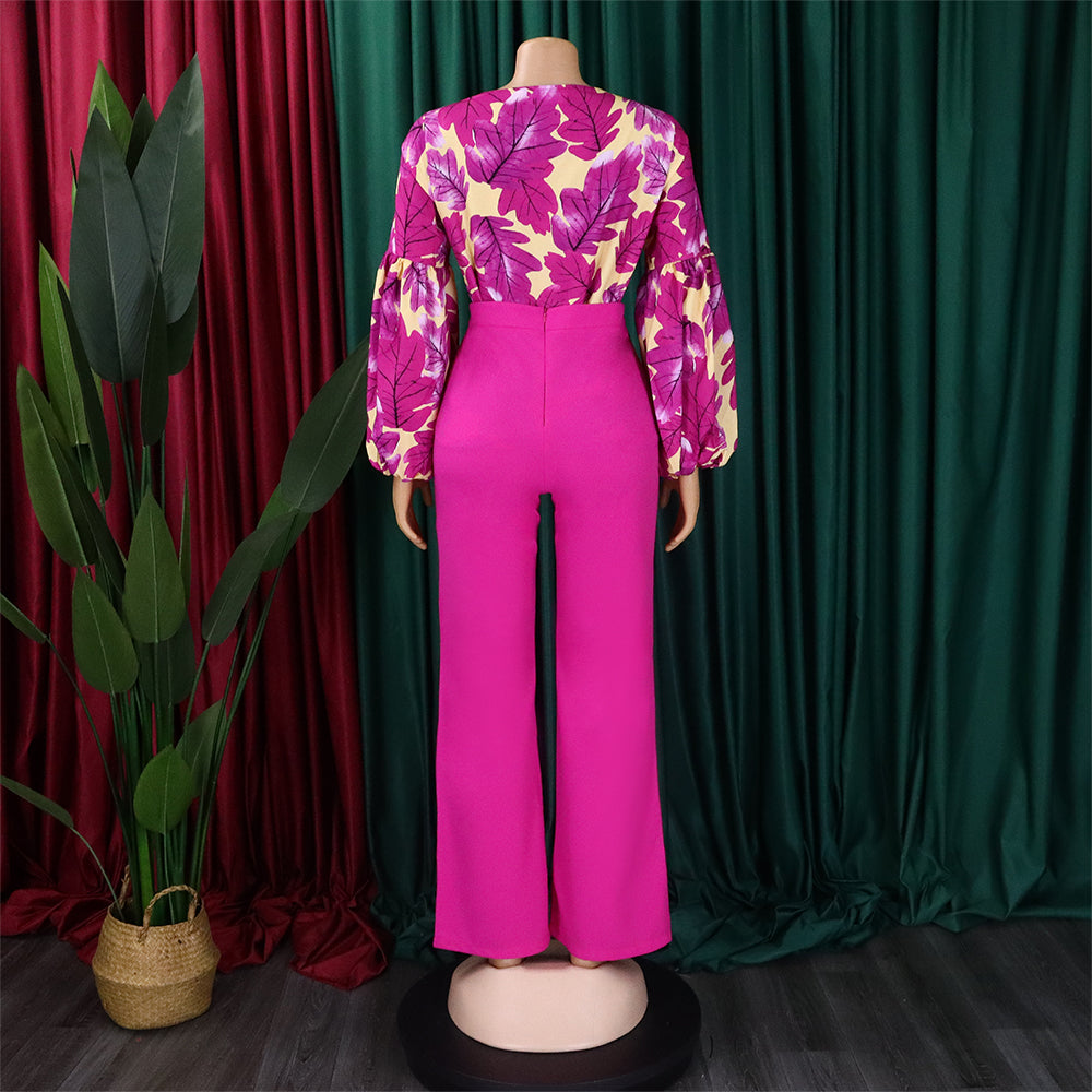 Plus Size Women's Fashion Print Lace-Up Top Wide Leg Pants Two-Piece Set 18