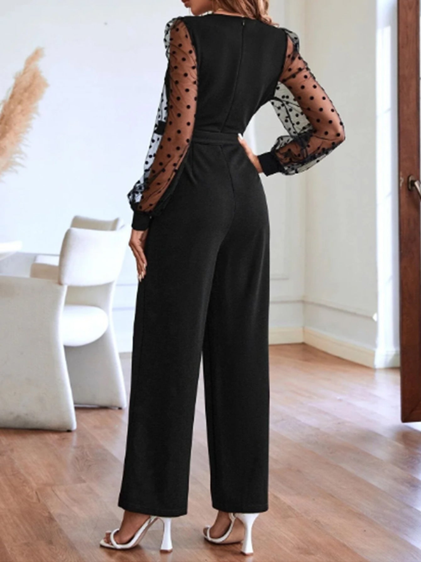 Fashion V-Neck Lace Long-Sleeved  Belt Straight Leg Jumpsuit Elegant Women's Clothing 3