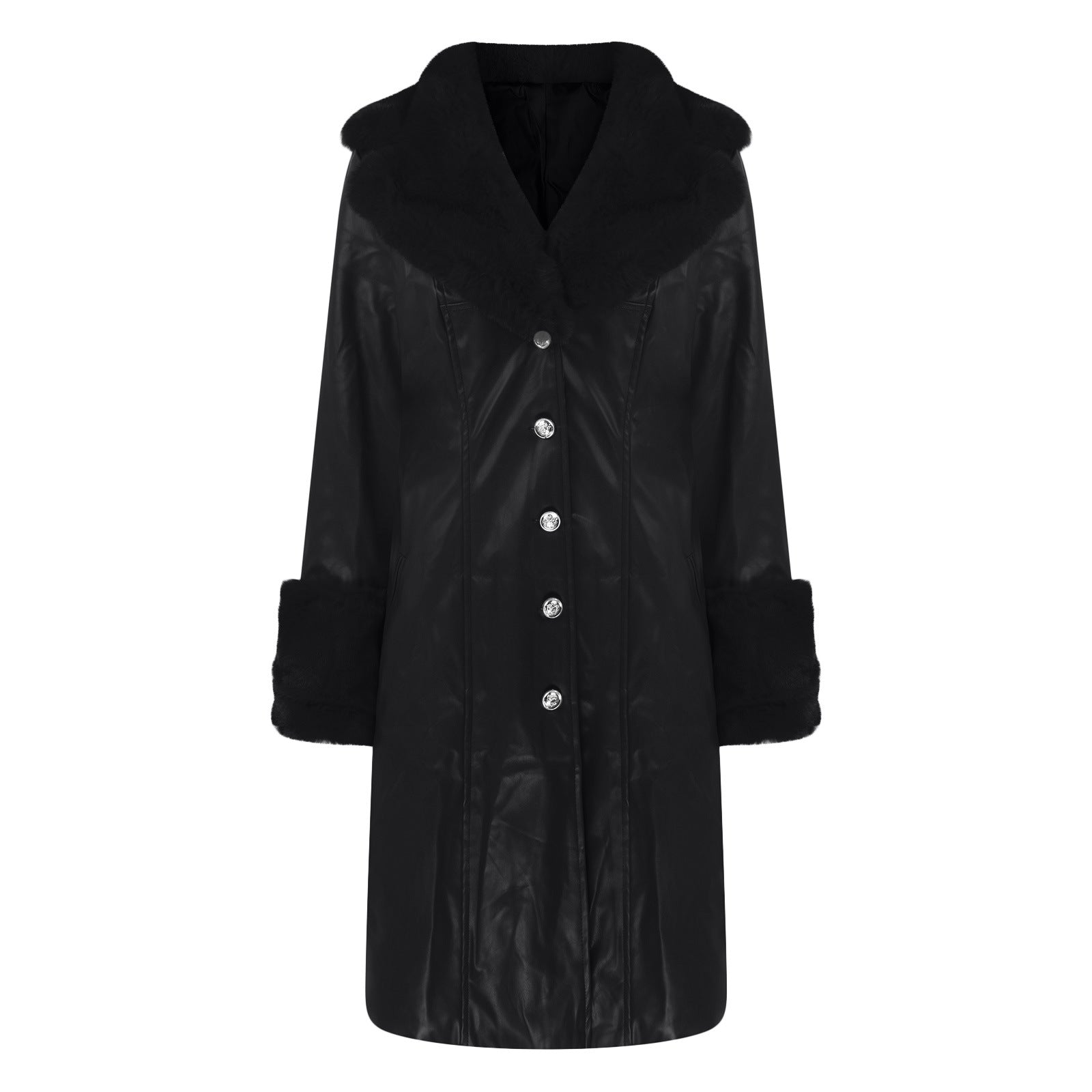 Autumn And Winter Turndown Collar Long Coat With Fur Collar Chic Zipper Women's Pu Coat 12