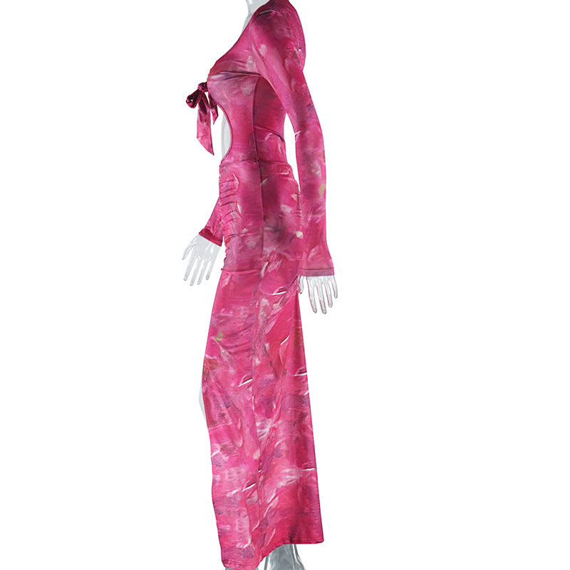 Women's Fashion Printed Sexy Hollow Long Sleeve Split Trendy Dress 7