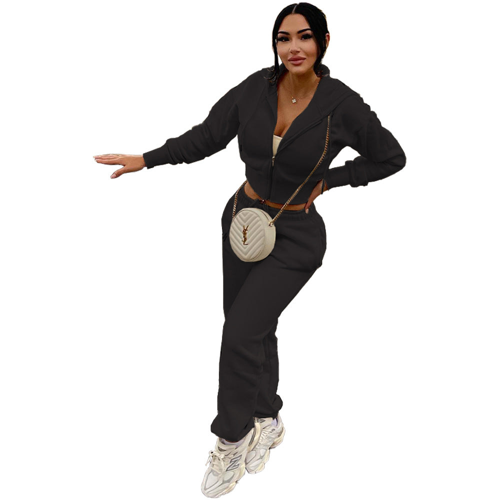 Women Solid Patchwork Ribbed Hooded Zipper Pocket Loose Jacket and Pants Two-piece Set 8