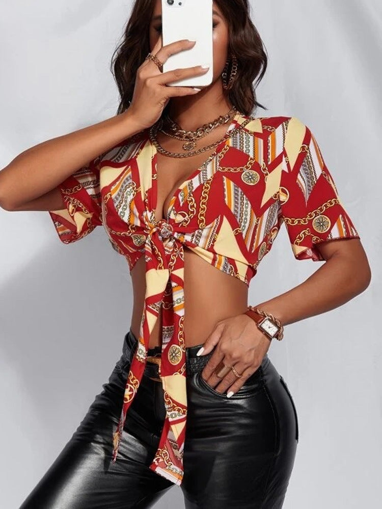 Women's Bow Tie Sexy Shirt Summer Short-Sleeved Printed Top 7