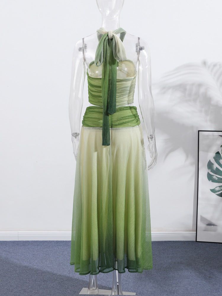 Women Summer Gradient Halter Neck Suspender Top and Skirt Two-Piece Set 4