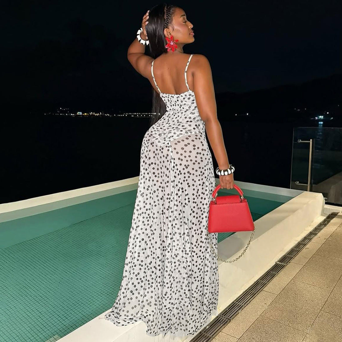 Women's Autumn Trendy Polka Dot Print Sleeveless Strap High-Waisted Dress 5