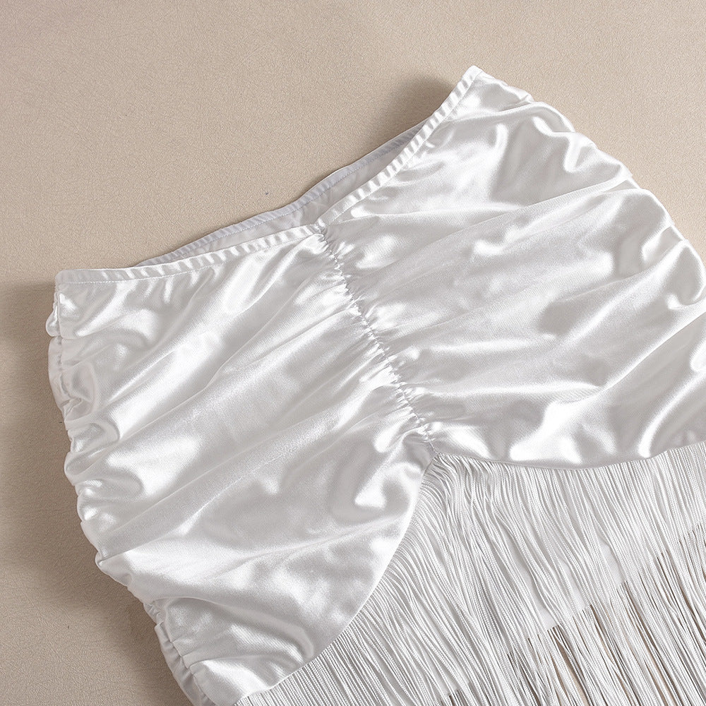 Women's Autumn Sleeveless Slim Fit Bodysuit Sexy Fringe Skirt Set 14