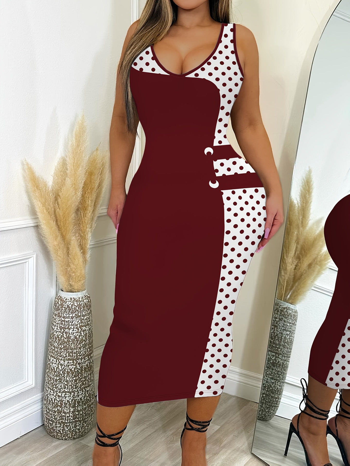 Women’s Fashion Printed V-Neck Sleeveless Slim Long Dress 4