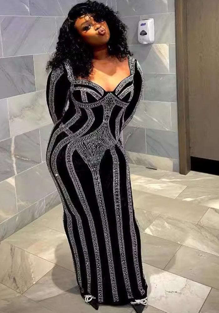 Women Sexy Beaded Square Neck Bodycon Dress