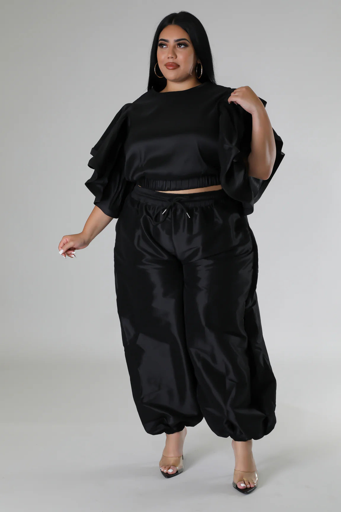 Women Ruffle Edge Sleeve Lace-Up Top and Elastic Pants Two-piece Set