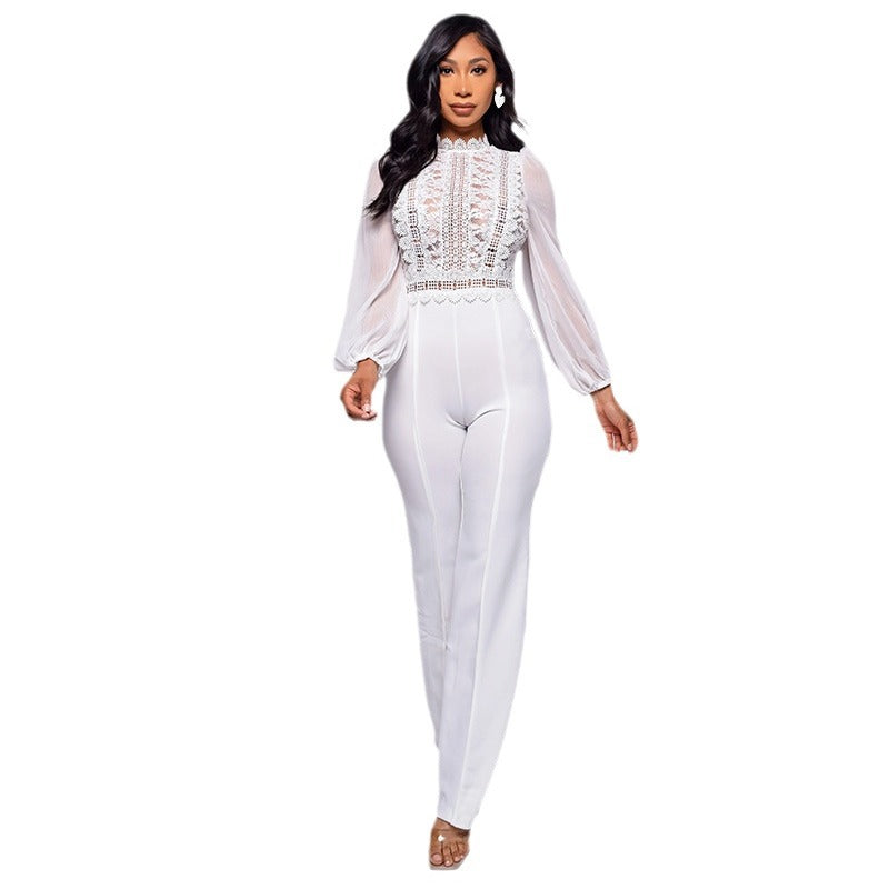 Women's High Waist High Collar Lace Long Sleeve Straight Leg Jumpsuit For Women 7