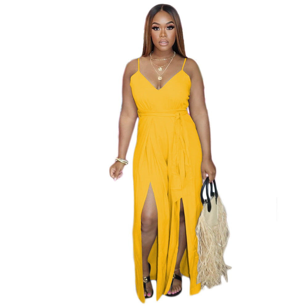 Suspender Hem Slit Fashion Jumpsuit Solid Casual One Piece 10