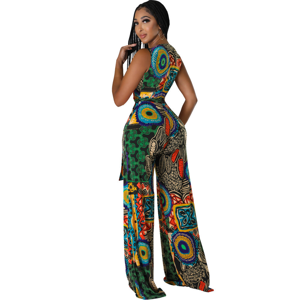 Sexy Fashion Printing V-Neck Wide Leg Women's Jumpsuit 4