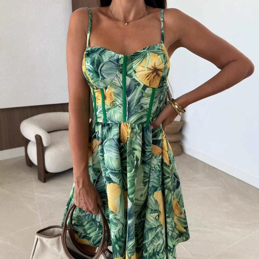 Sexy Strap Low Back Print Casual Women's Dress 4