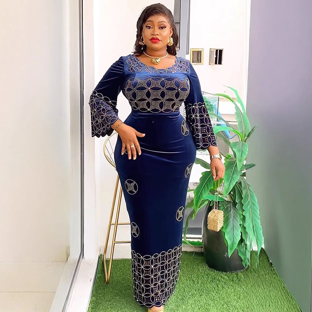 Fashion Beaded Slim Long Dress African Velvet Evening Dress 3