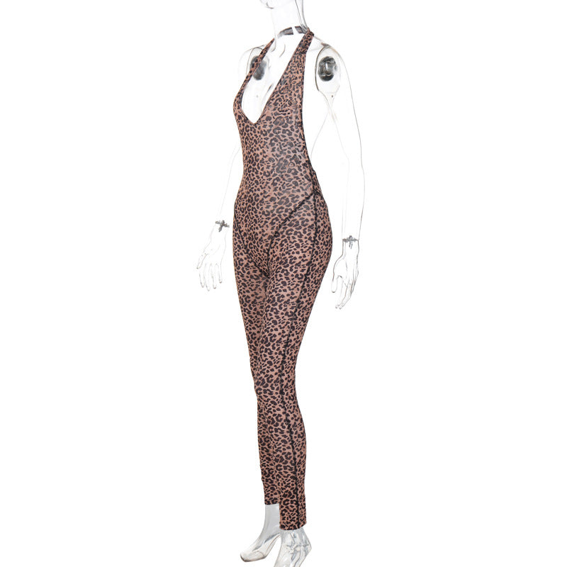 Summer Leopard Print Sexy V-Neck Low Back Slim Halter Neck Jumpsuit 7